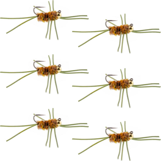 Barbless Pat's Rubber Legs Tungsten Bead Jigged Coffee/Tan Euro Nymph - Set of 6 Flies Hook Size 10 - Hazy Fly Fishing