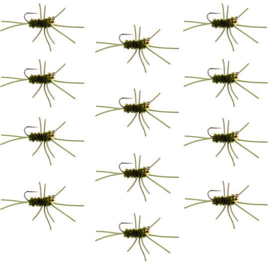 Barbless Pat's Rubber Legs Tungsten Bead Jigged Dark Olive Euro Nymph - Set of 12 Flies Hook Size 10 - Hazy Fly Fishing
