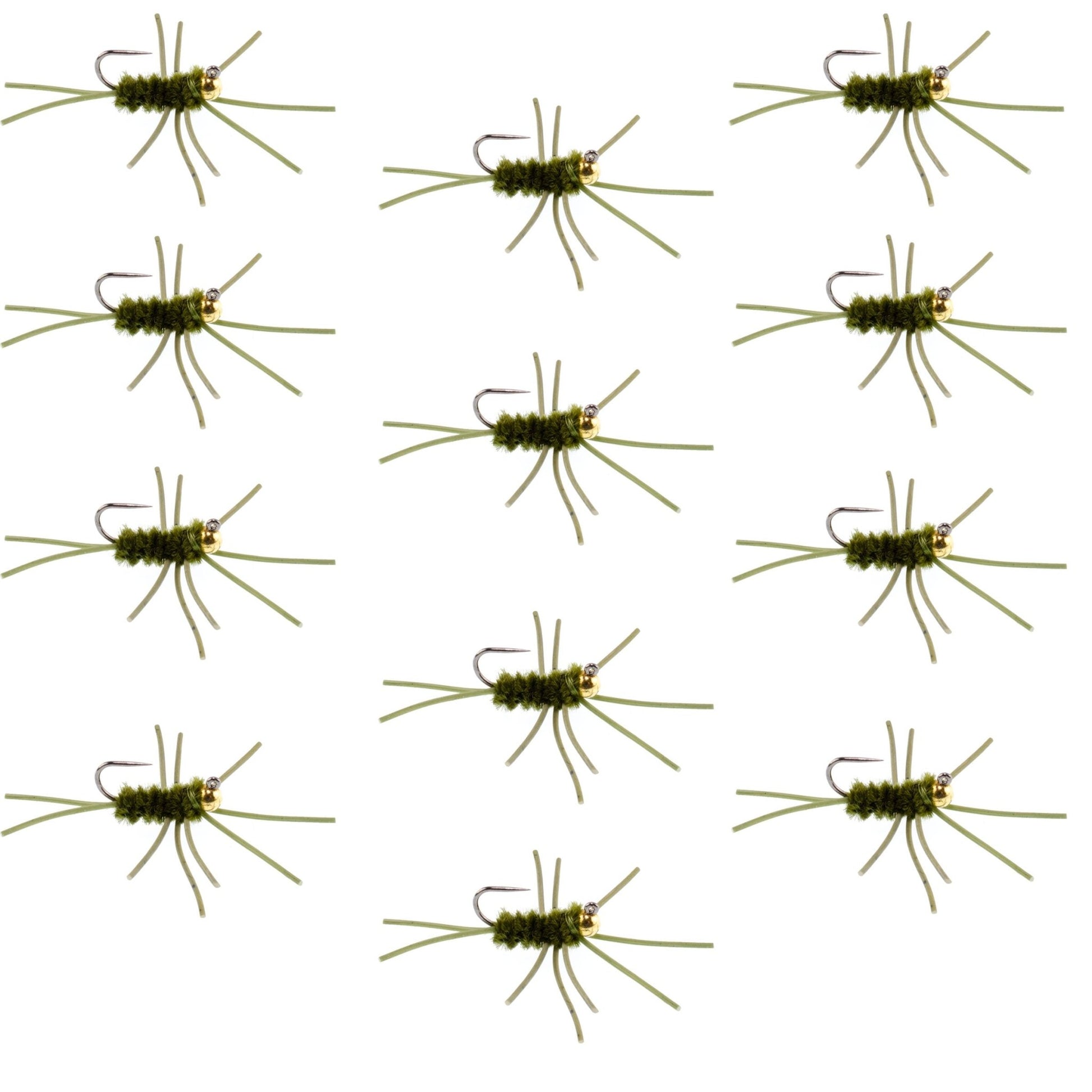 Barbless Pat's Rubber Legs Tungsten Bead Jigged Dark Olive Euro Nymph - Set of 12 Flies Hook Size 10 - Hazy Fly Fishing