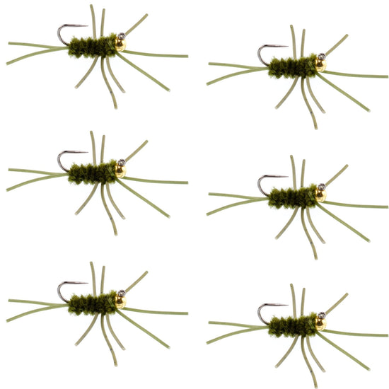 Barbless Pat's Rubber Legs Tungsten Bead Jigged Dark Olive Euro Nymph - Set of 6 Flies Hook Size 10 - Hazy Fly Fishing