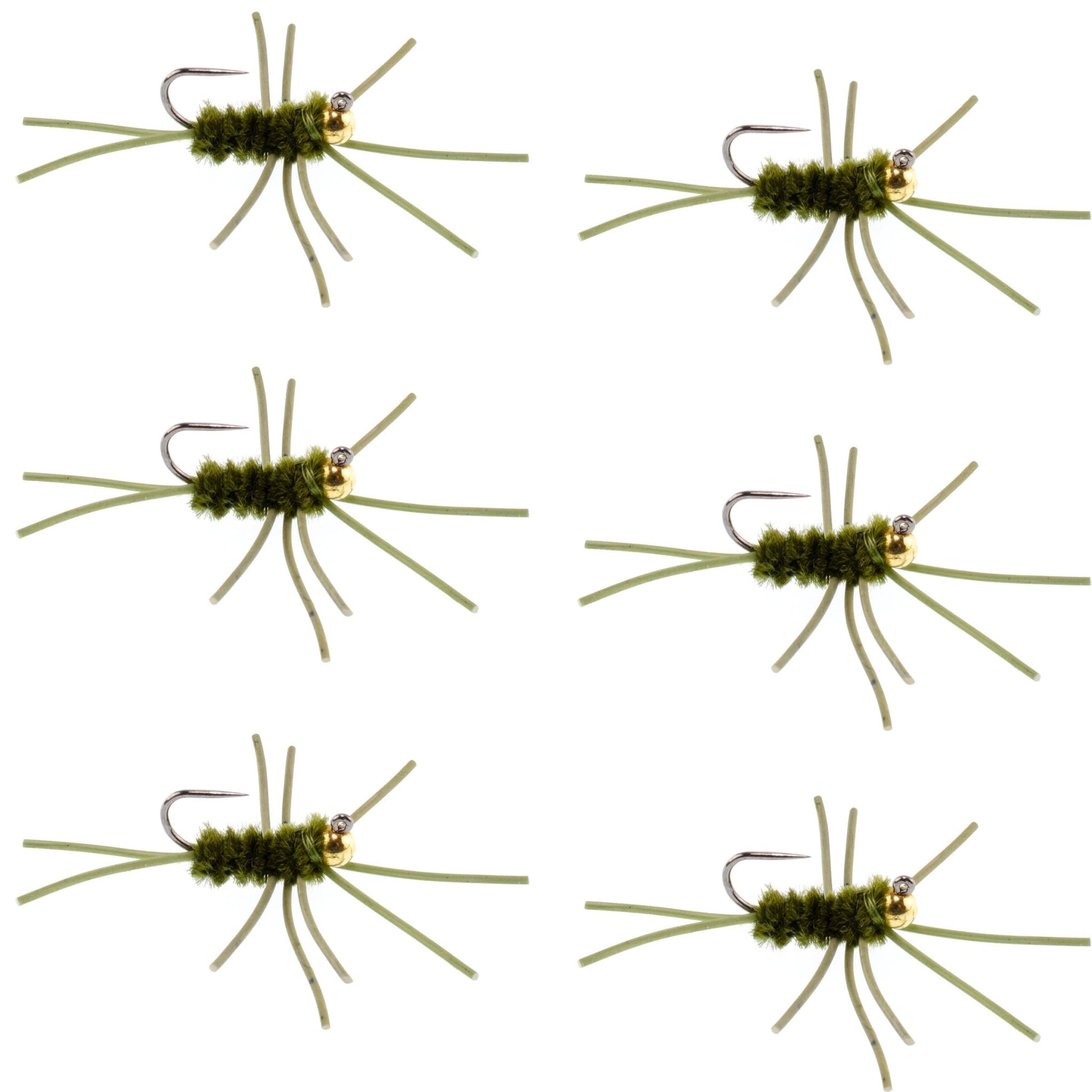 Barbless Pat's Rubber Legs Tungsten Bead Jigged Dark Olive Euro Nymph - Set of 6 Flies Hook Size 10 - Hazy Fly Fishing
