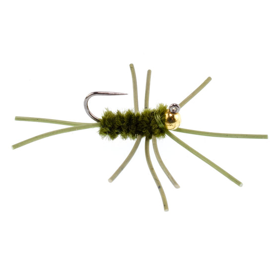 Barbless Pat's Rubber Legs Tungsten Bead Jigged Dark Olive Euro Nymph - Set of 6 Flies Hook Size 10 - Hazy Fly Fishing
