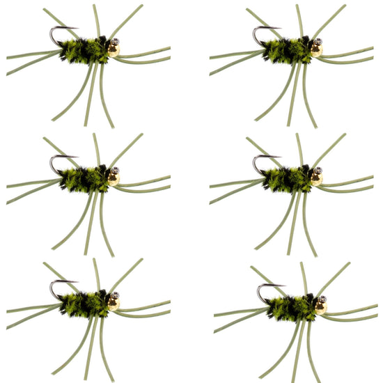Barbless Pat's Rubber Legs Tungsten Bead Jigged Olive/Black Euro Nymph - Set of 6 Flies Hook Size 10 - Hazy Fly Fishing