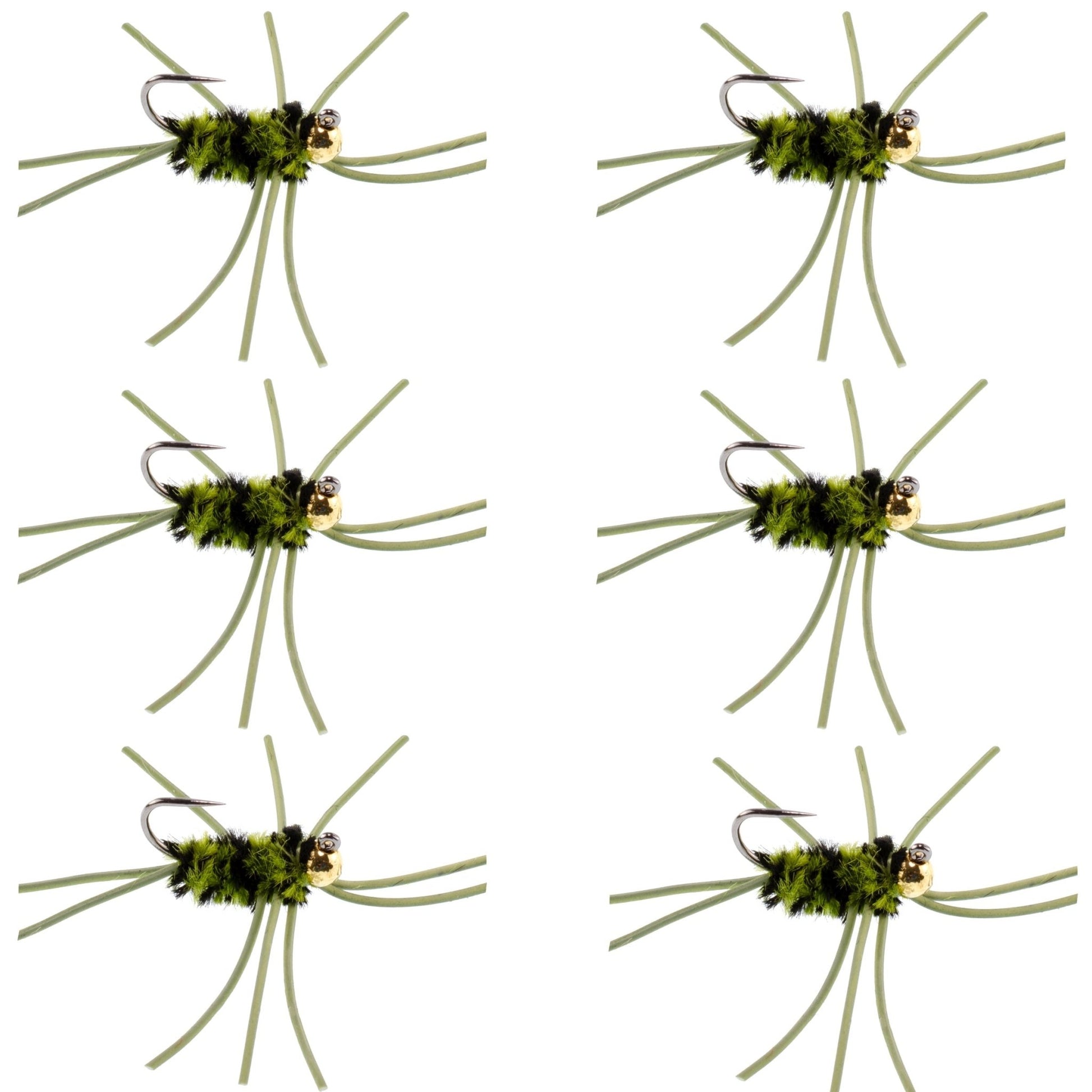 Barbless Pat's Rubber Legs Tungsten Bead Jigged Olive/Black Euro Nymph - Set of 6 Flies Hook Size 10 - Hazy Fly Fishing