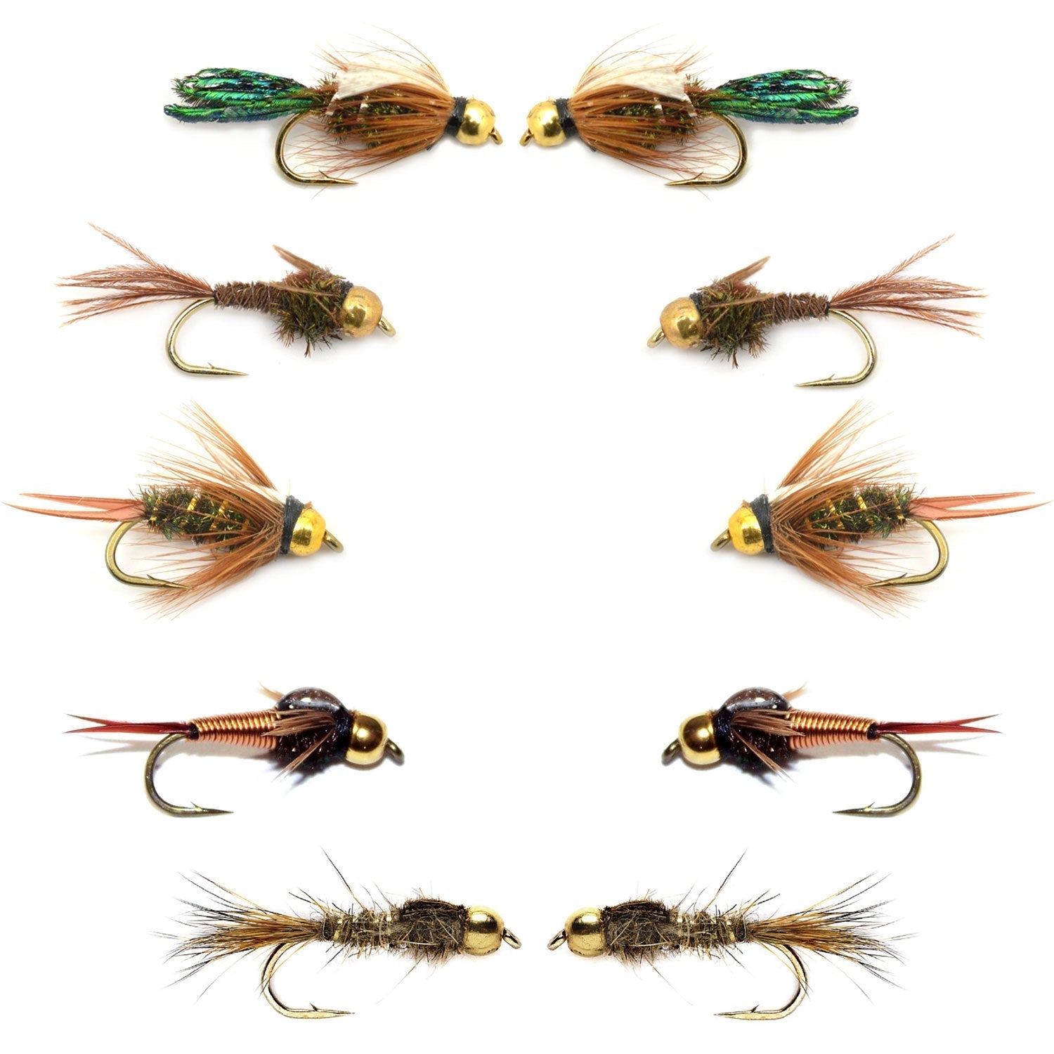 Basics Collection - Bead Head Nymph Assortment - 10 Wet Flies - 5 Patterns - Hook Sizes 12, 14, 16 - Hazy Fly Fishing