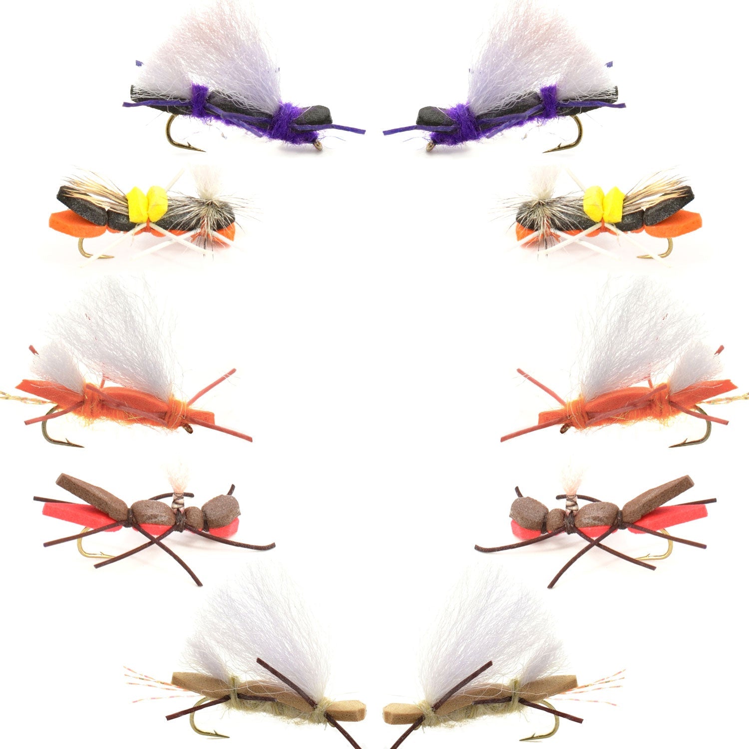 Basics Collection - Chernobyl Ant Foam Dry Fly Assortment - 10 Dry Fishing Grasshopper Flies - 5 Patterns - Hook Size 10 - Hazy Fly Fishing
