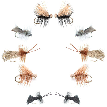 Basics Collection - Essential Caddis Dry Fly Assortment - 10 Dry Fishing Flies - 5 Patterns - Hook Sizes 12, 14, 16, 18 - Hazy Fly Fishing