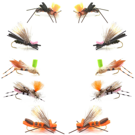 Basics Collection - Foam Hoppers Dry Fly Assortment 2 - 10 Dry Fishing Grasshopper Flies - 5 Patterns - Hook Size 10 - Hazy Fly Fishing