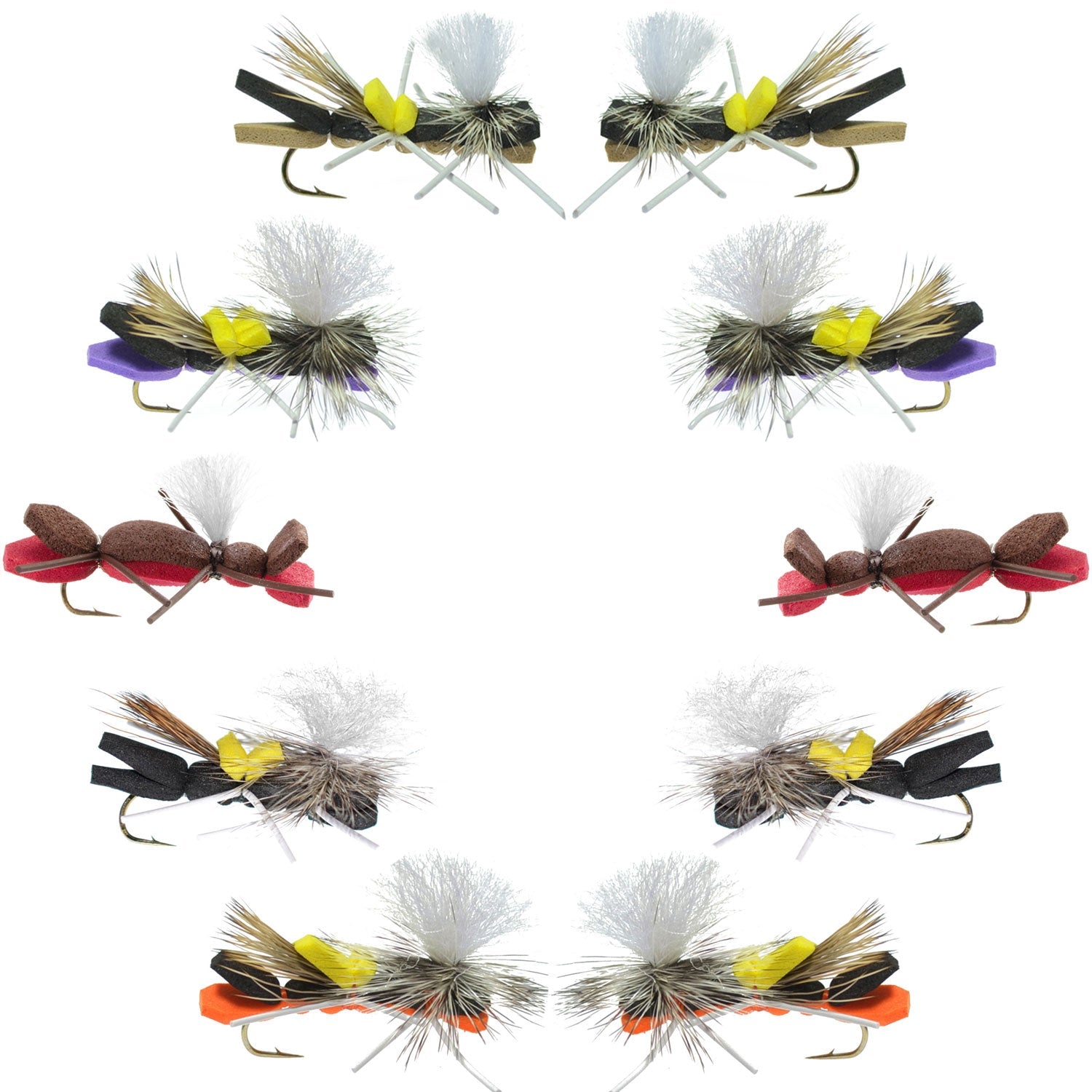 Basics Collection - Parachute Chernobyl Ant Foam Dry Fly Assortment - 10 Dry Fishing Grasshopper Dropper Flies - 5 Patterns - Hook Size 10 - Hazy Fly Fishing