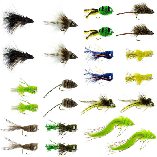 Bass Bug Collection - 24 Bass Fly Fishing Flies - Surface Poppers Frog, Rat, Mouse And Divers - Hook Sizes 2,4, 6, 8 - Hazy Fly Fishing