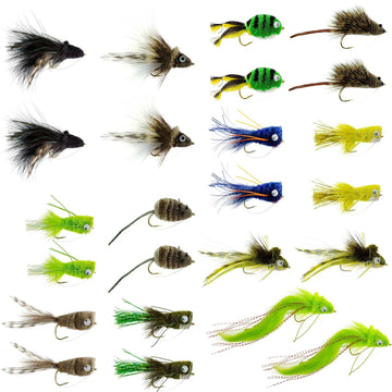 Bass Bug Collection - 24 Bass Fly Fishing Flies - Surface Poppers Frog, Rat, Mouse And Divers - Hook Sizes 2,4, 6, 8 - Hazy Fly Fishing