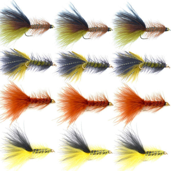 Bead Head Crystal Woolly Bugger Streamer Flies - Set of 12 Bass and Trout Flies - Hook Size 4 - Hazy Fly Fishing