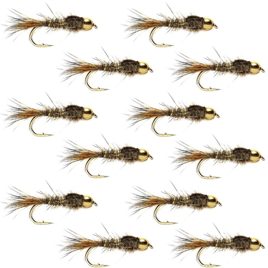 Bead Head Gold Ribbed Hares Ear Nymph 1 Dozen Flies - Size 12 - Hazy Fly Fishing
