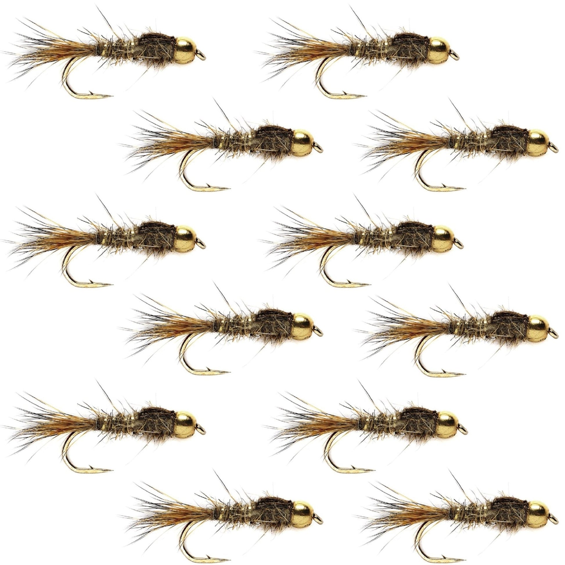 Bead Head Gold Ribbed Hares Ear Nymph 1 Dozen Flies - Size 12 - Hazy Fly Fishing