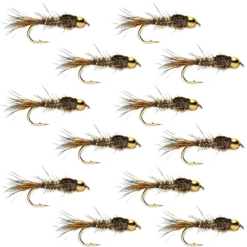 Bead Head Gold Ribbed Hares Ear Nymph 1 Dozen Flies - Size 12 - Hazy Fly Fishing