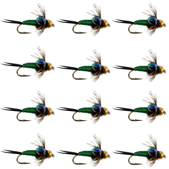 Bead Head Green Copper John Nymph Fly Fishing Flies - 1 Dozen Flies Hook Size 18 - Hazy Fly Fishing