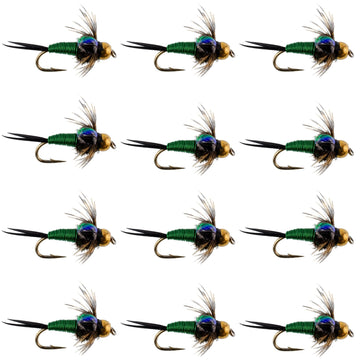 Bead Head Green Copper John Nymph Fly Fishing Flies - 1 Dozen Flies Hook Size 18 - Hazy Fly Fishing