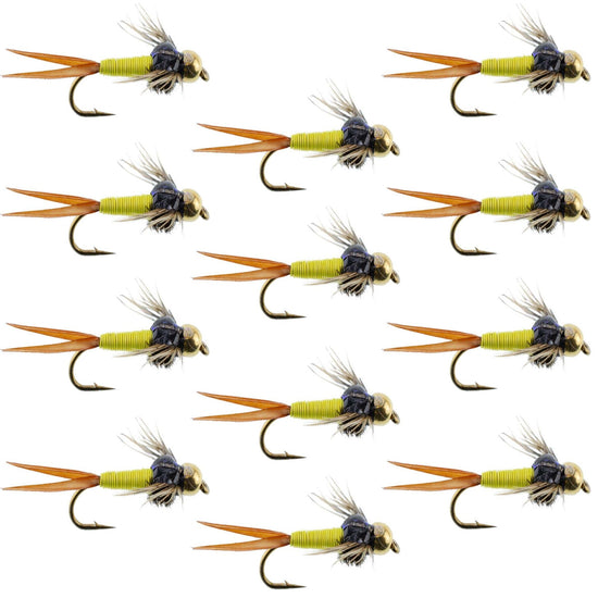 Bead Head Hot Yellow Copper John Nymph 1 Dozen Fly Fishing Flies - Hook Size 10 - Hazy Fly Fishing