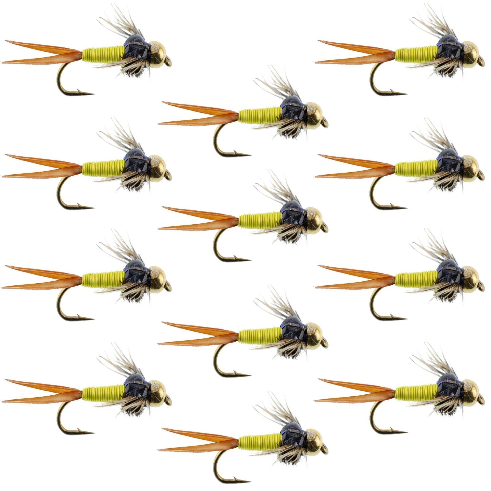 Bead Head Hot Yellow Copper John Nymph 1 Dozen Fly Fishing Flies - Hook Size 10 - Hazy Fly Fishing