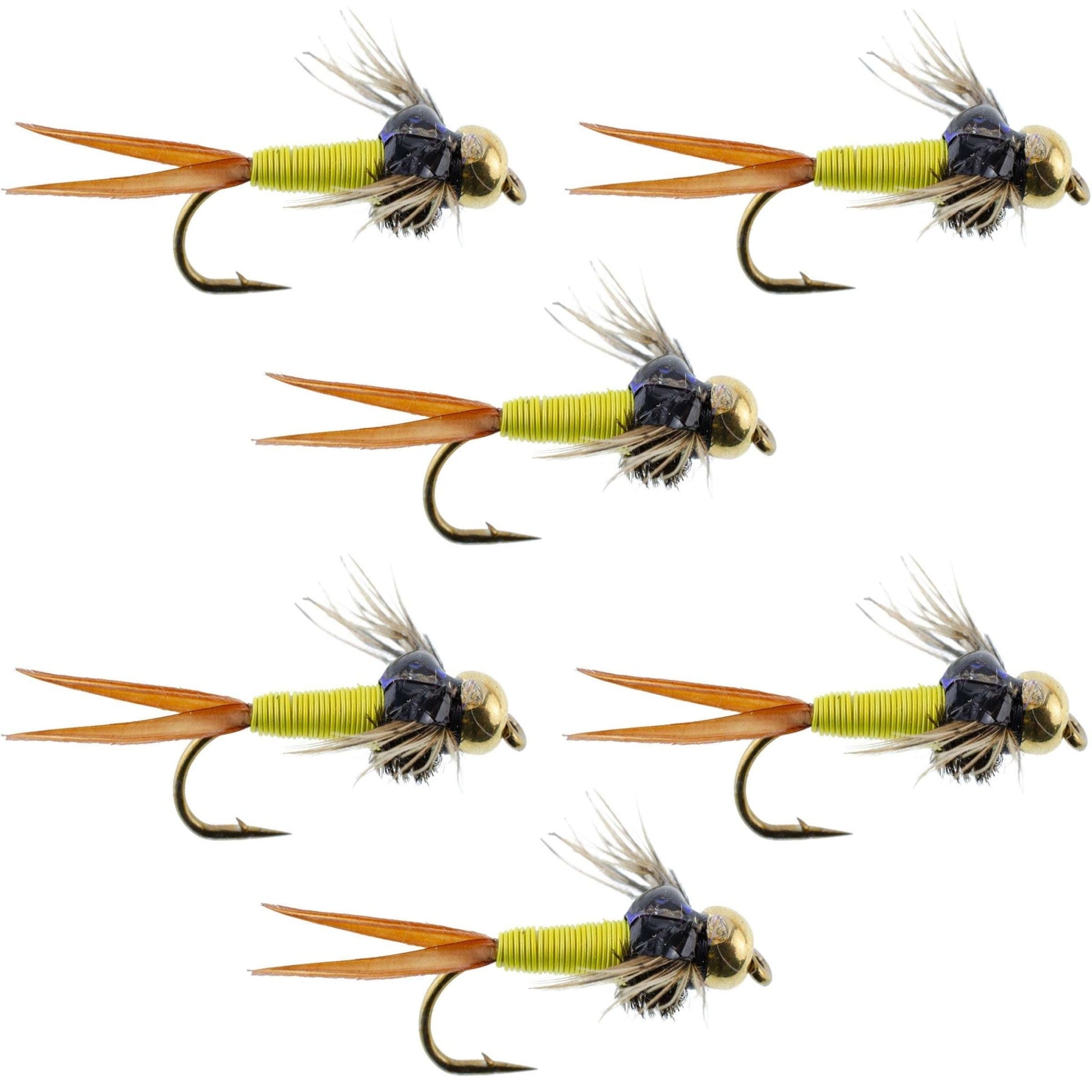 Bead Head Hot Yellow Copper John Nymph - 6 Fly Fishing Flies - Hook Size 10 - Hazy Fly Fishing