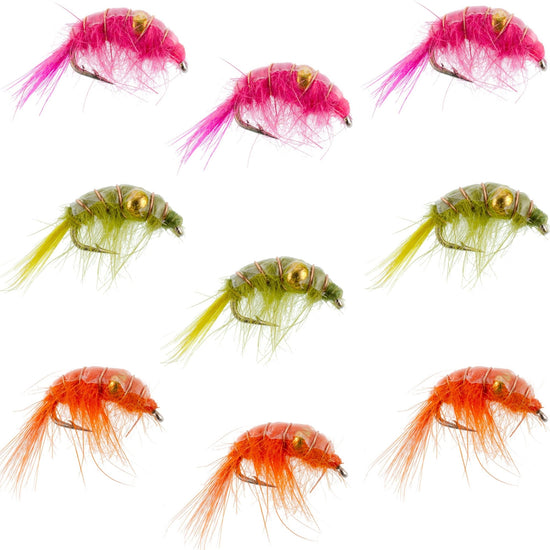 Beaded Shrimp Scud Assortment - 9 Flies - 3 Each of 3 Patterns Size 12 - Tailwater Lake Fly Fishing Flies Collection - Hazy Fly Fishing