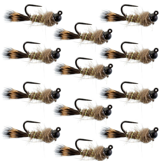 Black Tungsten Bead Tactical Hares Ear Czech Nymph Euro Nymphing Fly - 1 Dozen Flies Size 14 - Hazy Fly Fishing