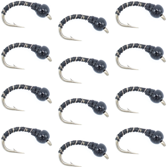 Black Zebra Midge - Black Bead Head - 1 Dozen - Size 14 - Tailwater and Lake Fly Fishing Flies - Hazy Fly Fishing