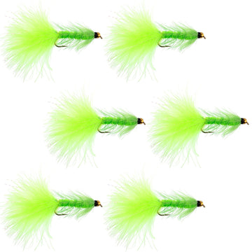 Chartreuse Bead Head Crystal Woolly Bugger Classic Streamer Flies - Set of 6 Trout Fly Fishing Flies - Hook Size 4 - Hazy Fly Fishing