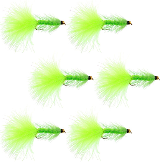 Chartreuse Bead Head Crystal Woolly Bugger Classic Streamer Flies - Set of 6 Trout Fly Fishing Flies - Hook Size 8 - Hazy Fly Fishing