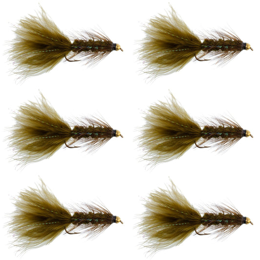 Dark Olive Bead Head Crystal Woolly Bugger Classic Streamer Flies - Set of 6 Trout Fly Fishing Flies - Hook Size 4 - Hazy Fly Fishing