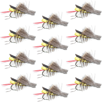 Dave's Hopper Yellow Foam Body Grasshopper Fly - 1 Dozen Flies Hook Size 12 - Hazy Fly Fishing