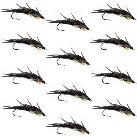 Double Bead Black Stone Fly with Black Biot Legs - Stonefly Wet Fly - 1 Dozen Flies Hook Size 10 - Hazy Fly Fishing