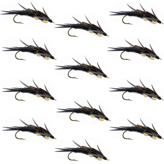 Double Bead Black Stone Fly with Black Biot Legs - Stonefly Wet Fly - 1 Dozen Flies Hook Size 8 - Hazy Fly Fishing