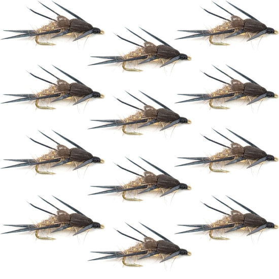 Double Bead Gold Ribbed Hare's Ear Nymph Fly Fishing Flies - Trout and Bass Wet Fly - 1 Dozen Flies Hook Size 12 - Hazy Fly Fishing