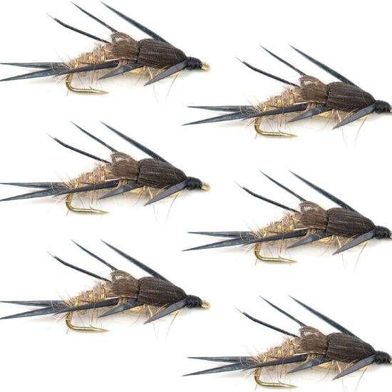 Double Bead Gold Ribbed Hare's Ear Nymph Fly Fishing Flies - Trout and Bass Wet Fly - 6 Flies Hook Size 12 - Hazy Fly Fishing