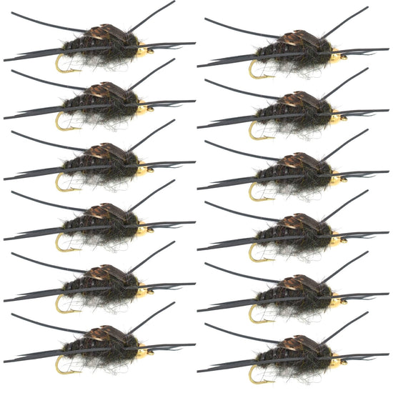 Gold Bead Kaufmann's Black Stone Fly with Rubber Legs - Stonefly Wet Fly - 1 Dozen Flies Hook Size 10 - Hazy Fly Fishing