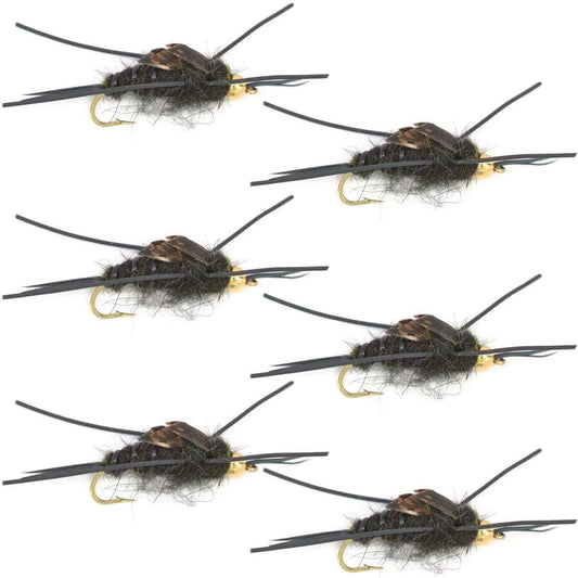 Gold Bead Kaufmann's Black Stone Fly with Rubber Legs - Stonefly Wet Fly - 6 Flies Hook Size 12 - Hazy Fly Fishing