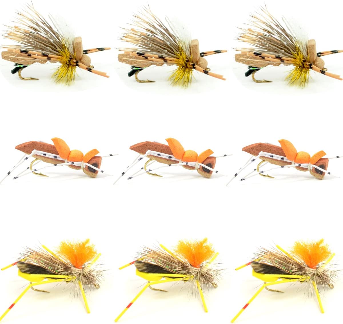 Grasshopper Trout Flies Fishing Flies Assortment Dropper Hopper Foam Body - 9 Flies 3 Patterns Hook Size 10 - Hazy Fly Fishing