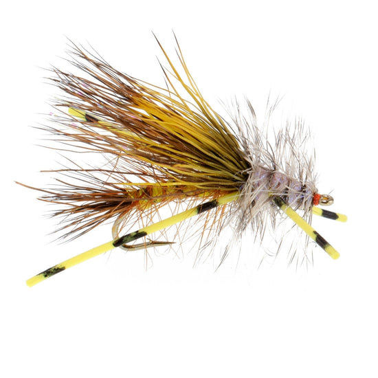 Kaufmann's Yellow Crystal Stimulator Rubber Legs Dry Fly - 1 Dozen Flies Hook Size 14 - Hazy Fly Fishing