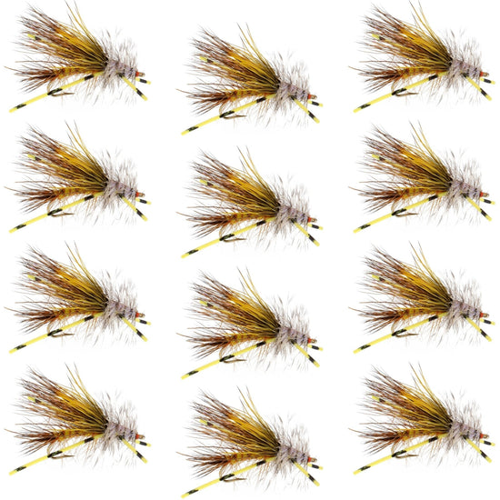Kaufmann's Yellow Crystal Stimulator Rubber Legs Dry Fly - 1 Dozen Flies Hook Size 14 - Hazy Fly Fishing