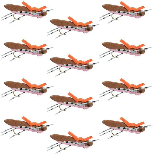 Moorish Hopper Brown Pink Foam Body Grasshopper Fly - 1 Dozen Flies Hook Size 10 - Hazy Fly Fishing