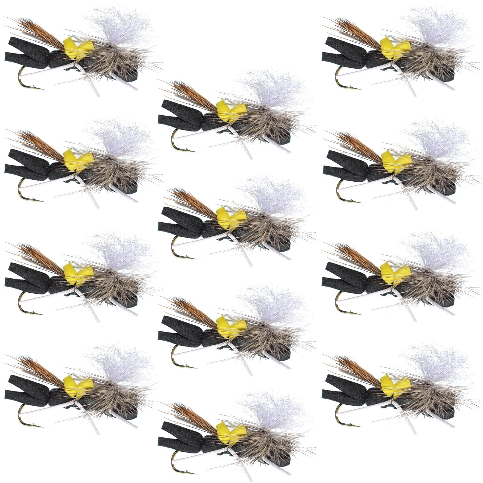 Parachute Chernobyl Ant Black Yellow Top Foam Body Grasshopper Fly 1 Dozen Flies Hook Size 10 - Hazy Fly Fishing