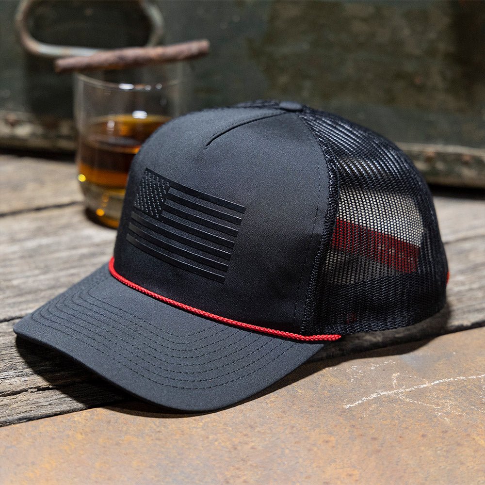 Ridgeline Thin Red Line - trucker Hat American Flag Rope Cap - Hazy Fly Fishing