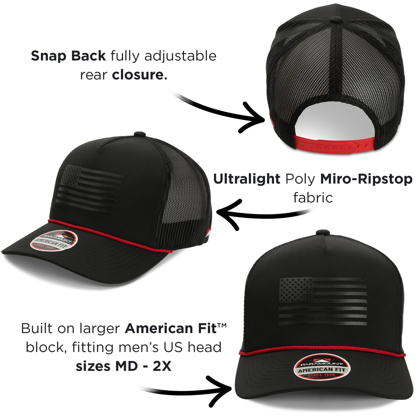 Ridgeline Thin Red Line - trucker Hat American Flag Rope Cap - Hazy Fly Fishing