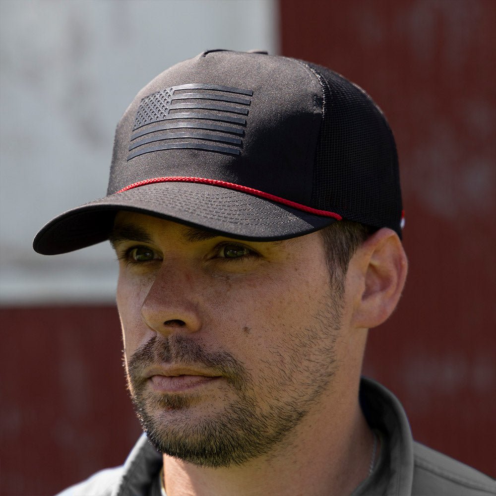 Ridgeline Thin Red Line - trucker Hat American Flag Rope Cap - Hazy Fly Fishing