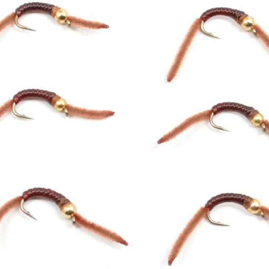 San Juan Bead Head Power Worm Brown V - Rib - 6 Flies Hook Size 10 - Hazy Fly Fishing