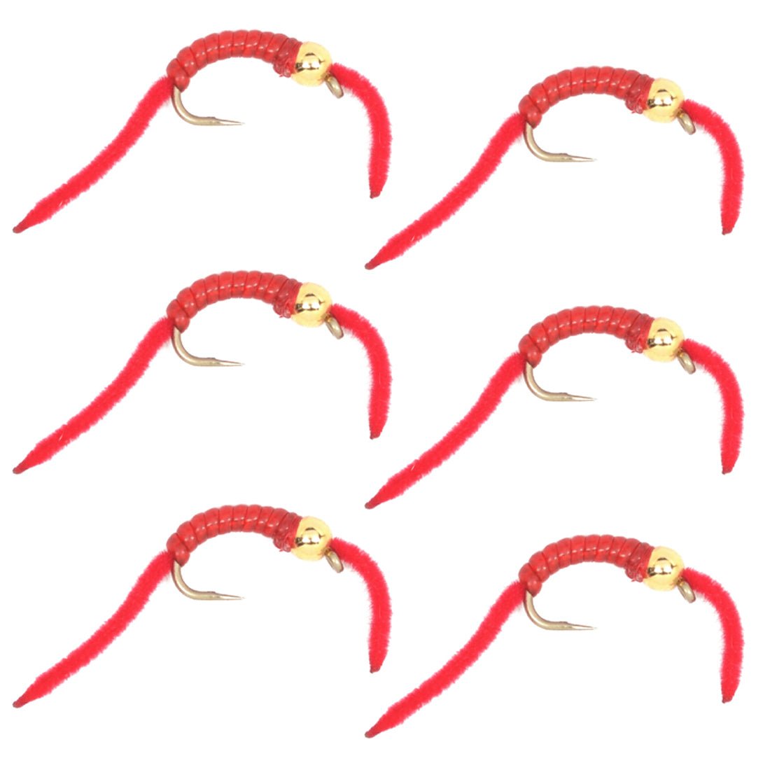San Juan Worm Flies Bead Head Power Worm Red V - Rib Set of 6 Nymphs Hook Size 10 - Hazy Fly Fishing
