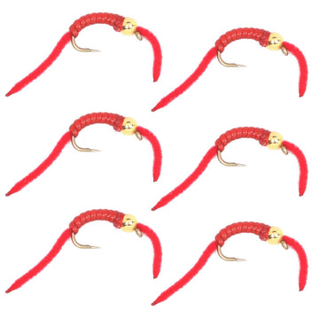 San Juan Worm Flies Bead Head Power Worm Red V - Rib Set of 6 Nymphs Hook Size 10 - Hazy Fly Fishing