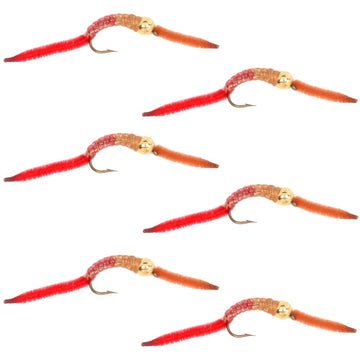 San Juan Worm Gold Bead Power Worm Half and Half - Set of 6 Nymph Flies Hook Size 10 - Hazy Fly Fishing