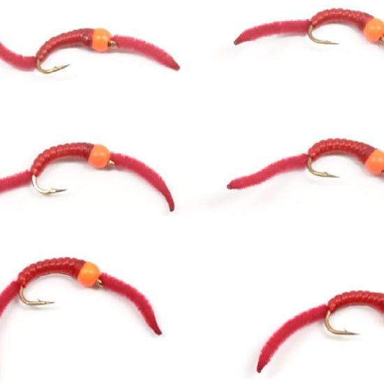 San Juan Worm Hot Orange Bead Power Worm Red V - Rib - Set of 6 Nymph Flies Hook Size 12 - Hazy Fly Fishing